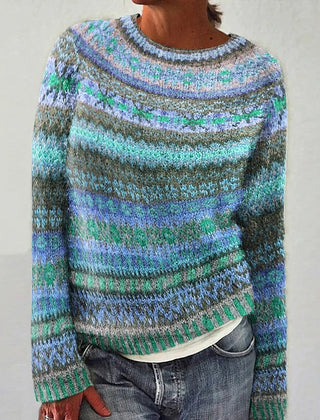 Mckenna™ vintage-style blue and green striped pullover sweater with crew neck