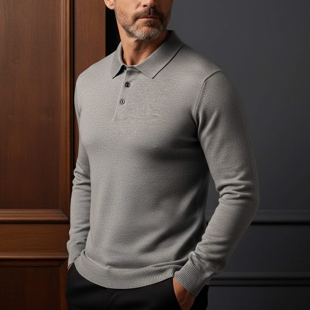Light grey long-sleeve knit polo shirt on a man, featuring button placket and collar.