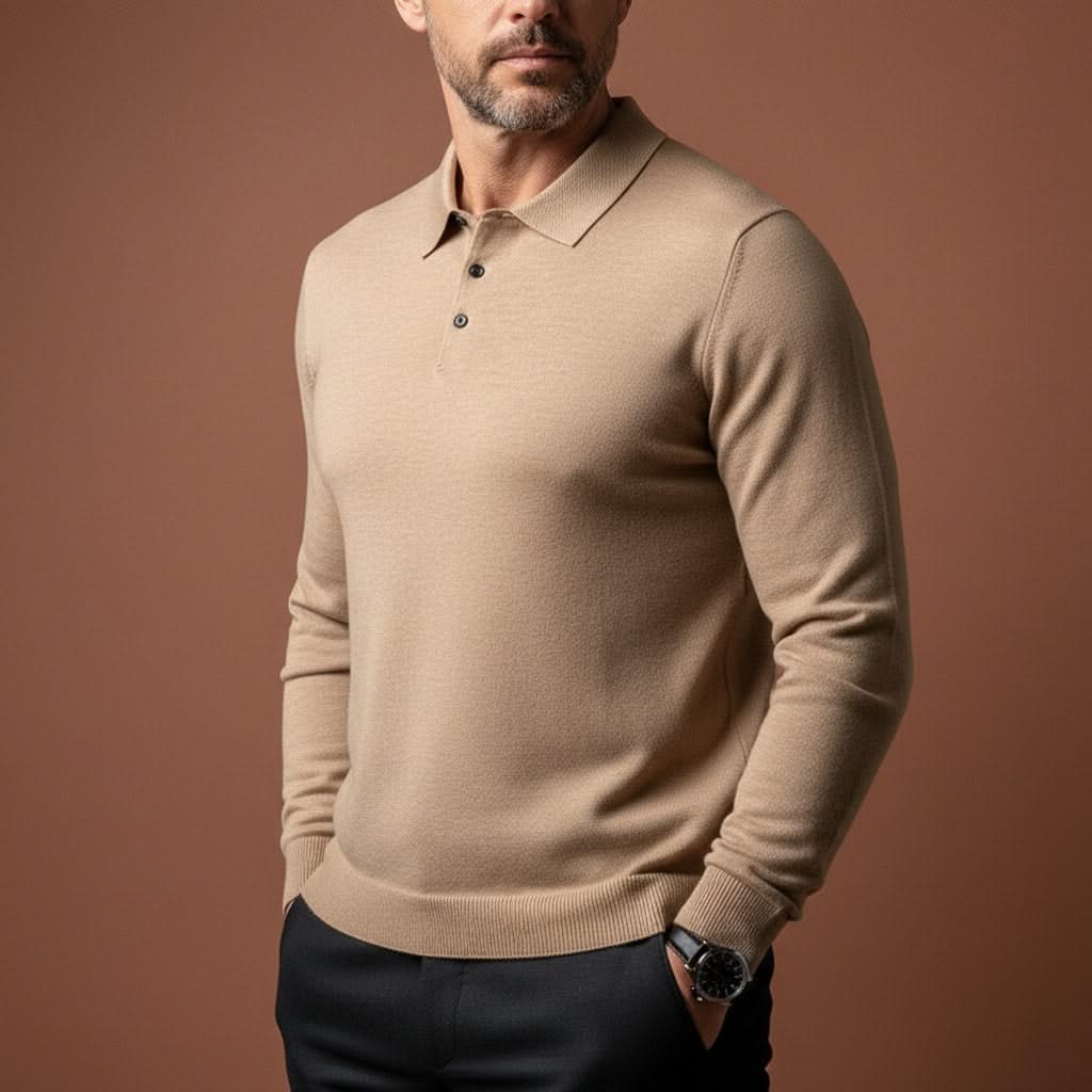 ELMWICK long-sleeve knit polo shirt with button placket, tan