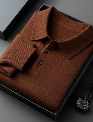 Brown long-sleeve knit polo shirt with button placket and fold-over collar.