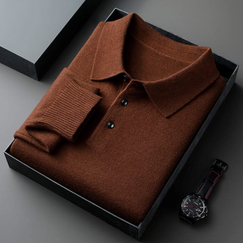 Brown long-sleeve knit polo shirt with button placket and fold-over collar.