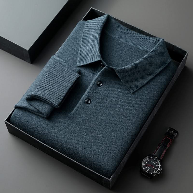 Teal long-sleeve knit polo shirt with button placket and fold-over collar.