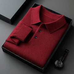 Red long-sleeve knit polo shirt with button placket and fold-over collar.