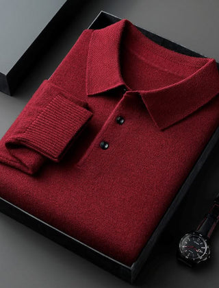 Red long-sleeve knit polo shirt with button placket and fold-over collar.