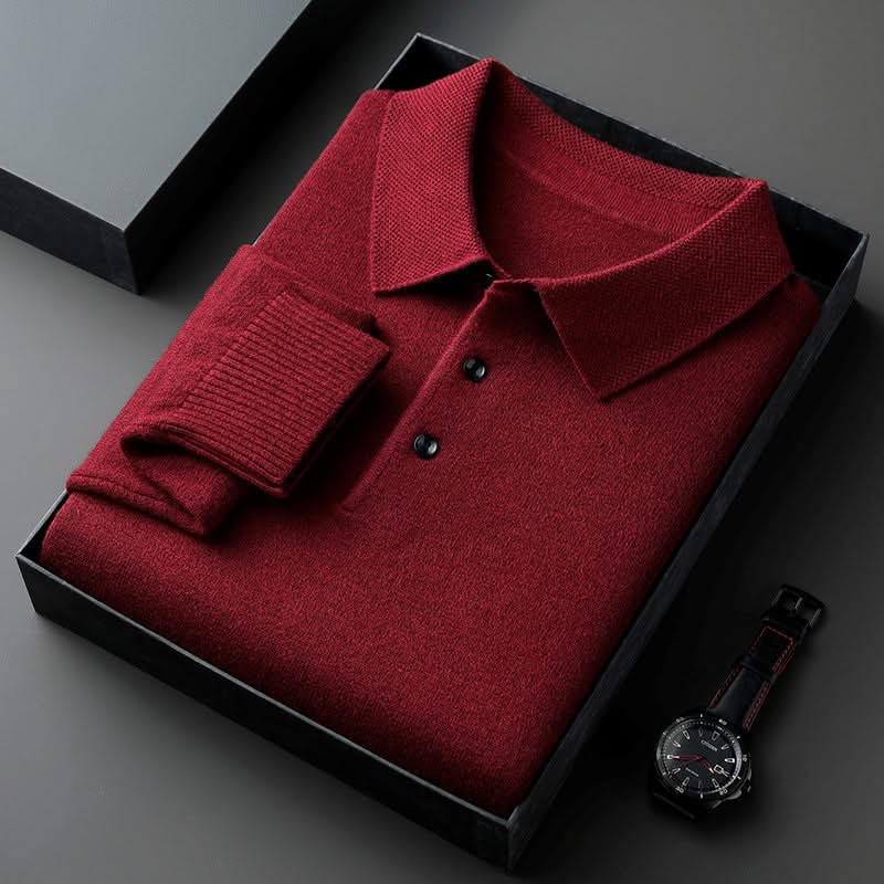 Red long-sleeve knit polo shirt with button placket and fold-over collar.