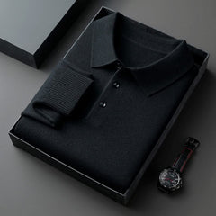 Black long-sleeve knit polo shirt with button placket and fold-over collar.