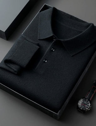 Black long-sleeve knit polo shirt with button placket and fold-over collar.