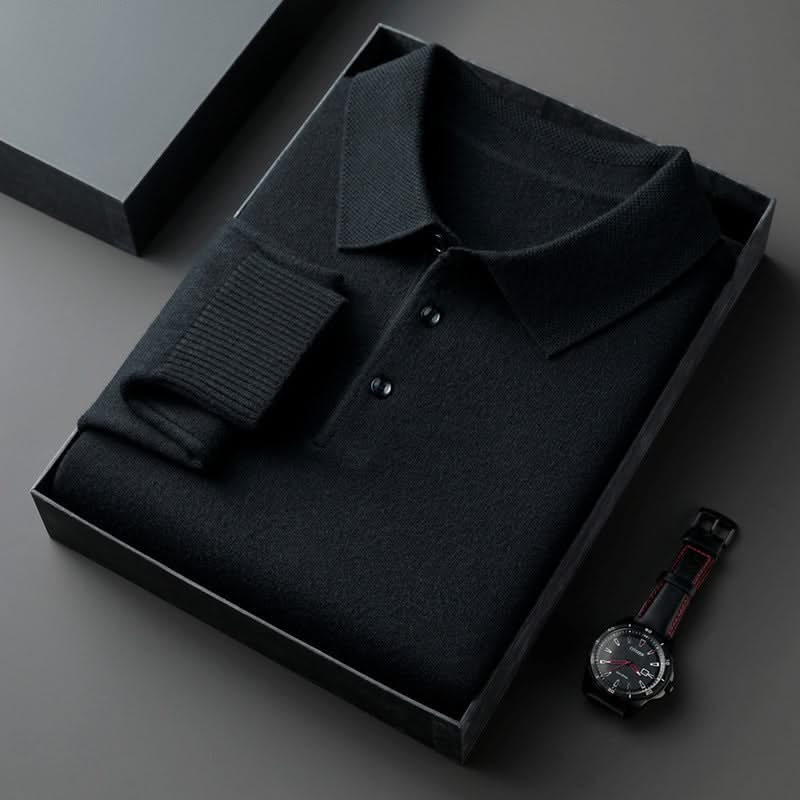 Black long-sleeve knit polo shirt with button placket and fold-over collar.