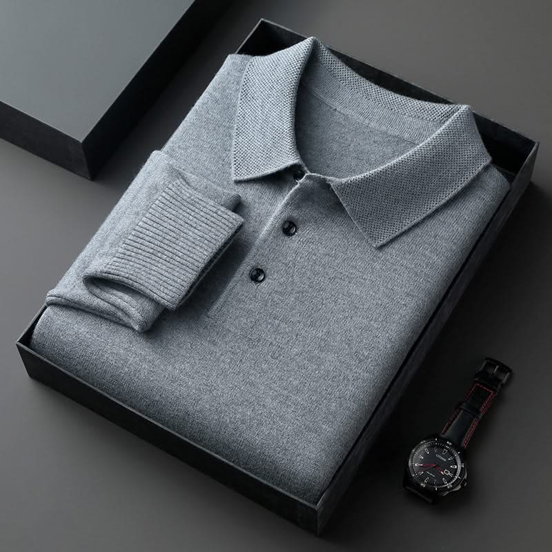 Light grey long-sleeve knit polo shirt with button placket and fold-over collar.