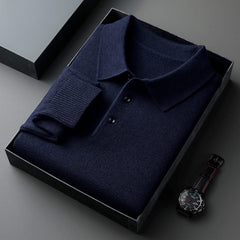Navy long-sleeve knit polo shirt with button placket and fold-over collar.