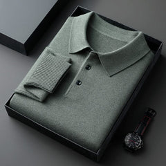 Green long-sleeve knit polo shirt with button placket and fold-over collar.