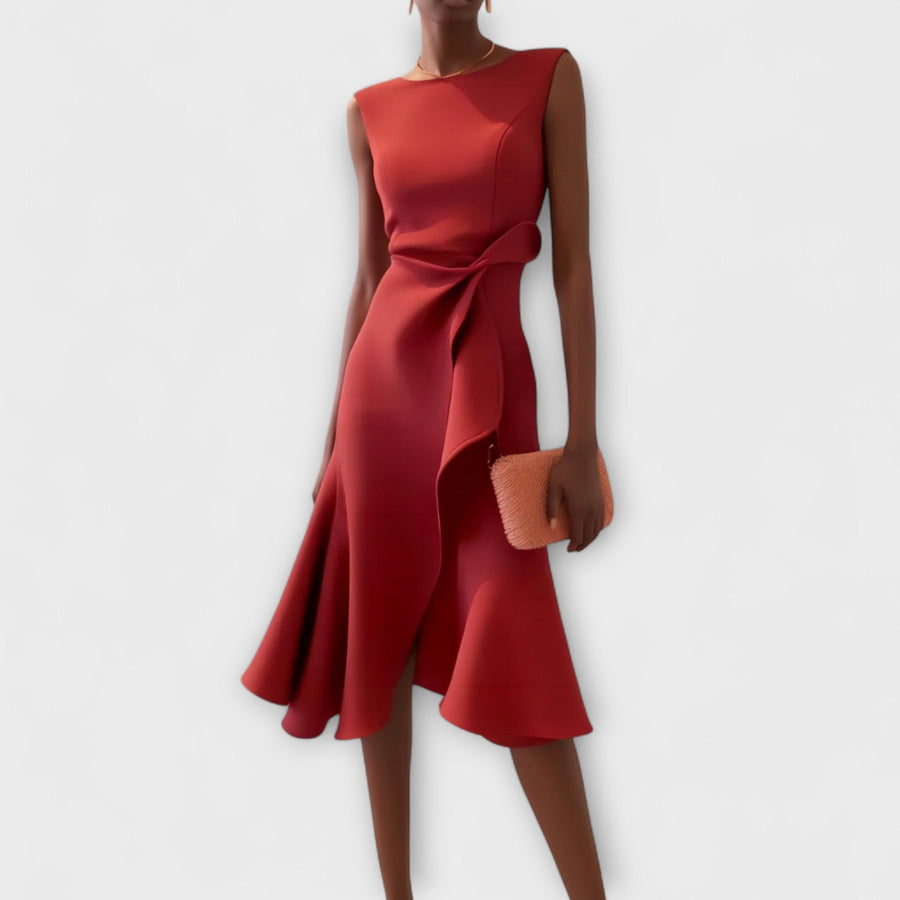 Red sleeveless pleated midi dress with draped waist knot and flared skirt