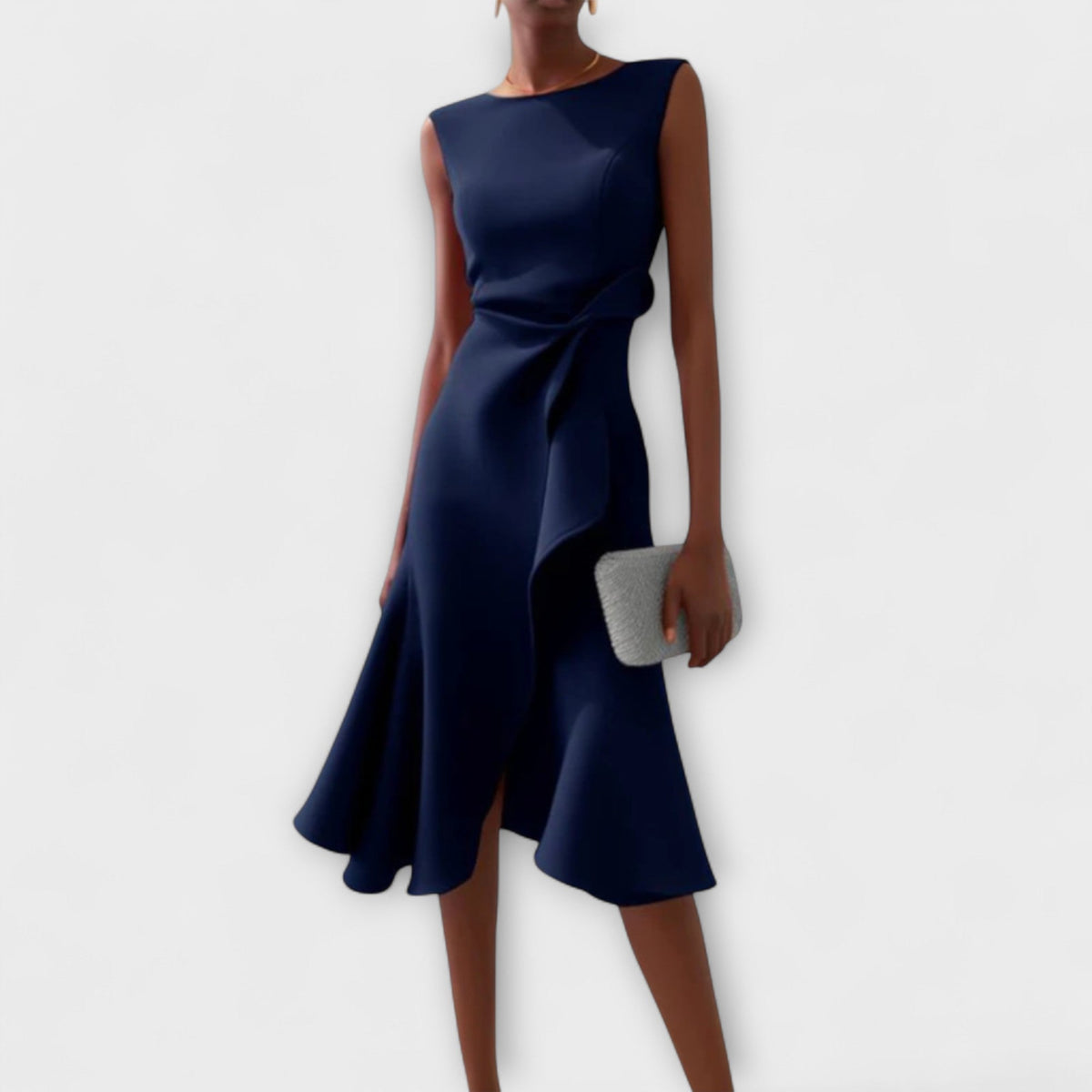 Navy blue sleeveless pleated midi dress with draped waist knot and flared skirt
