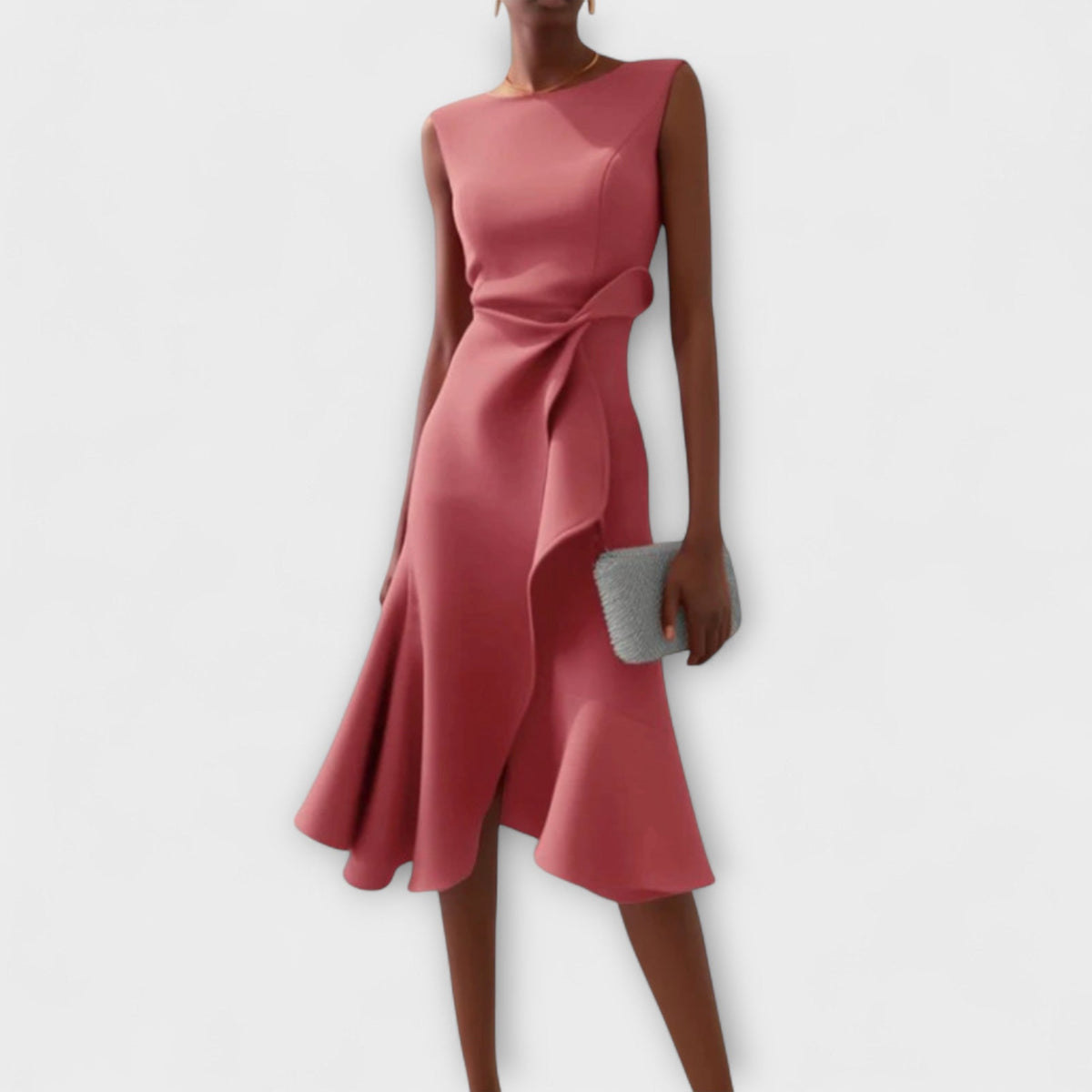 Pink sleeveless pleated midi dress with draped waist knot and flared skirt