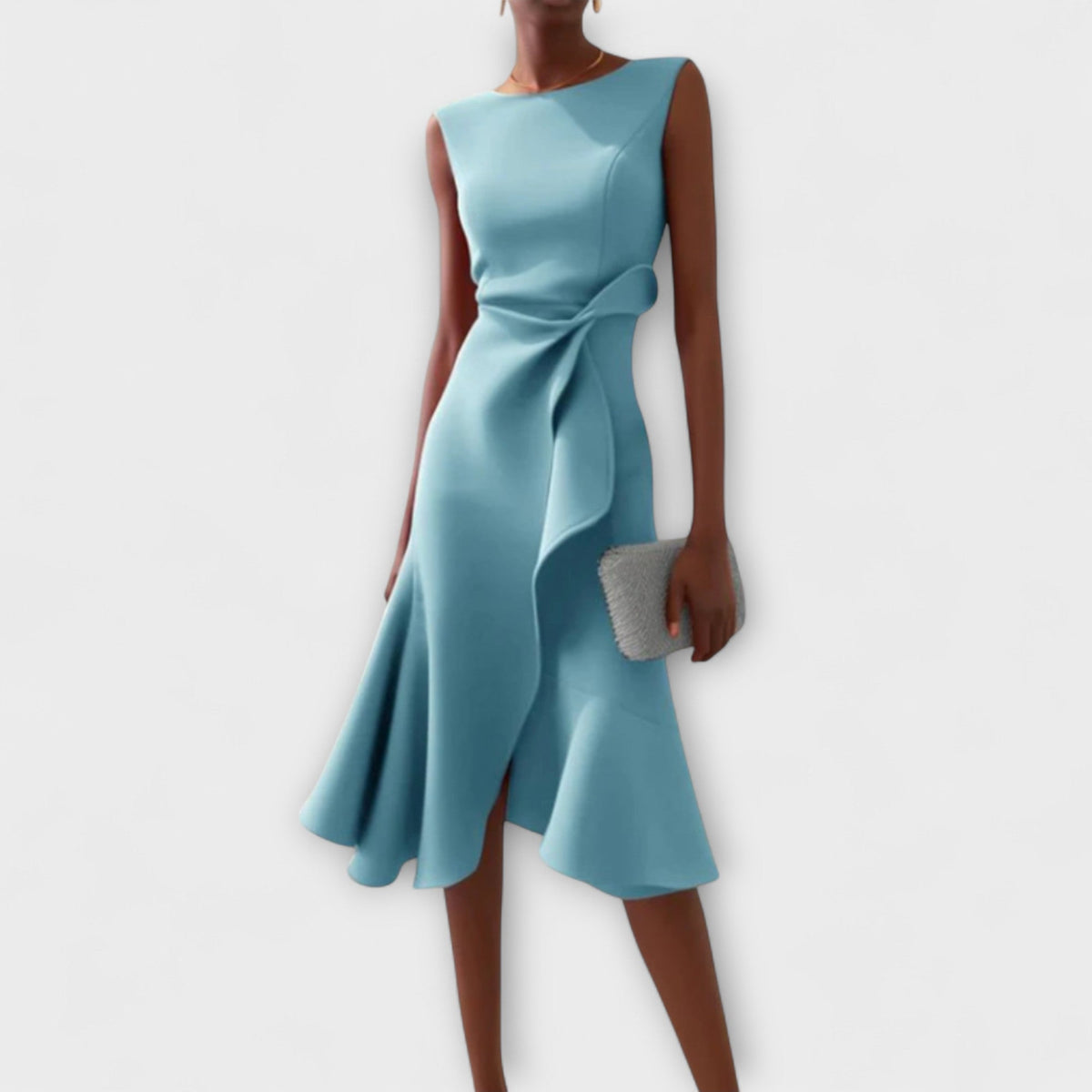 Light blue sleeveless pleated midi dress with draped waist knot and flared skirt