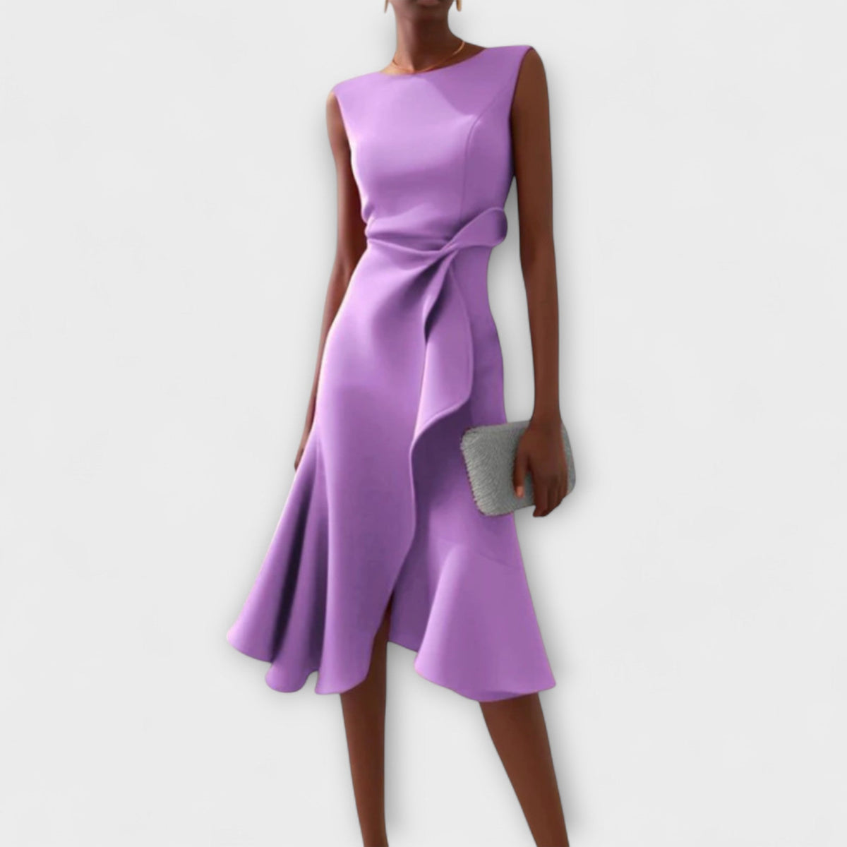 Purple sleeveless pleated midi dress with draped waist knot and flared skirt