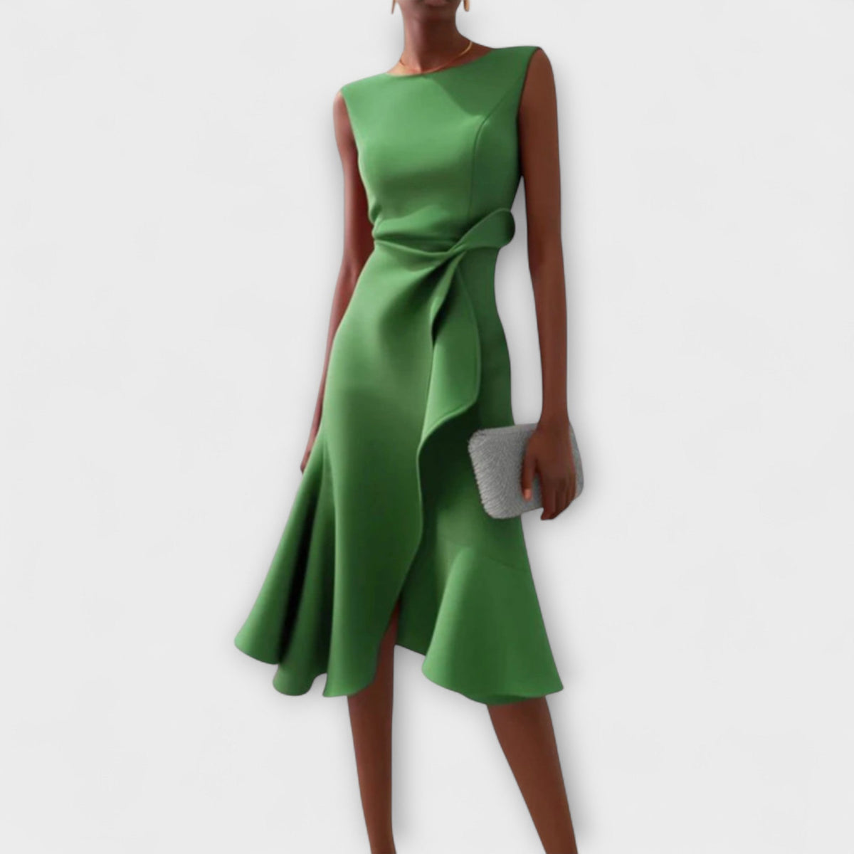 Green sleeveless pleated midi dress with draped waist knot and flared skirt