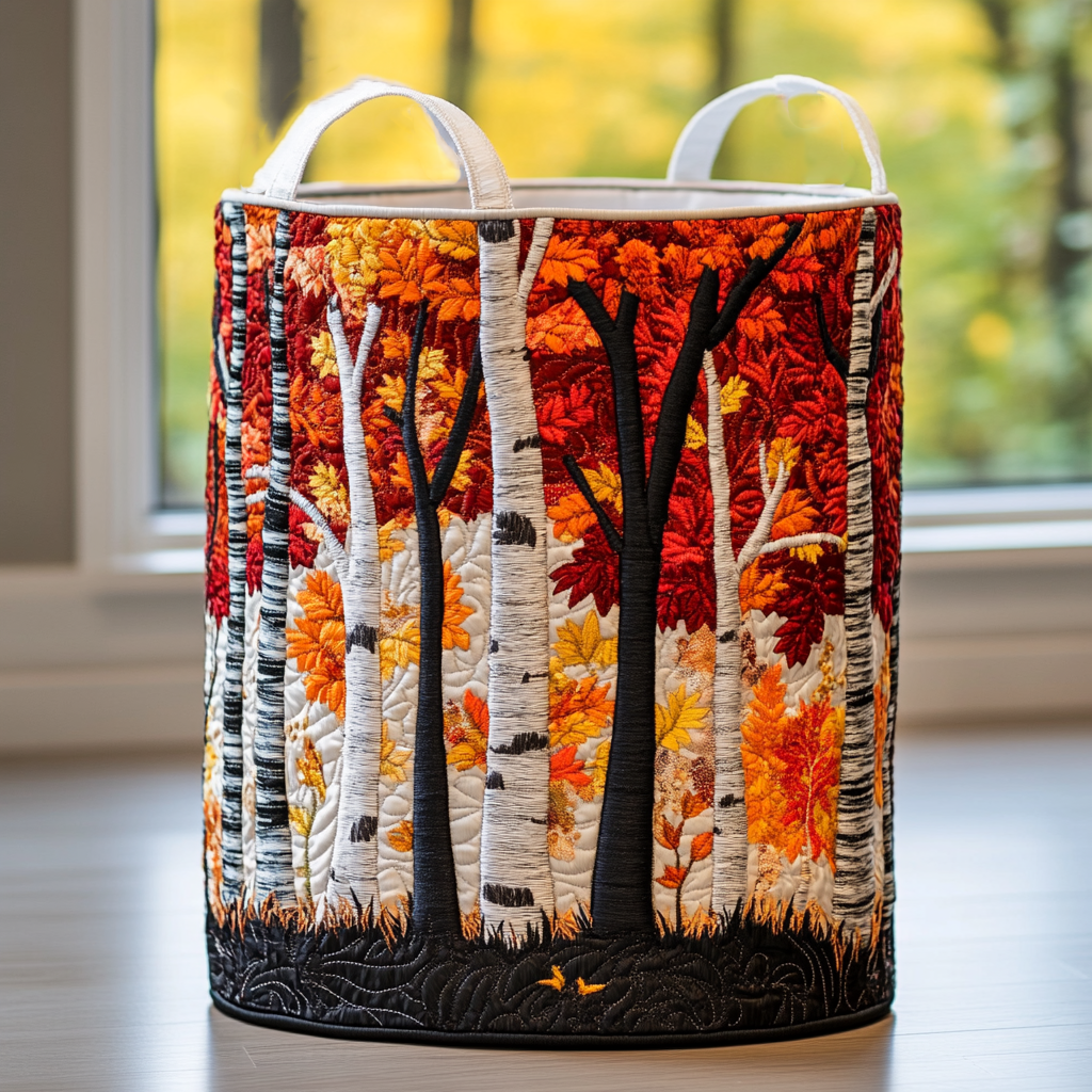 Quilted laundry basket with handles, autumn forest trees, and black border