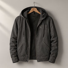 Dark grey hooded lined jacket with zip front and chest pocket with zip