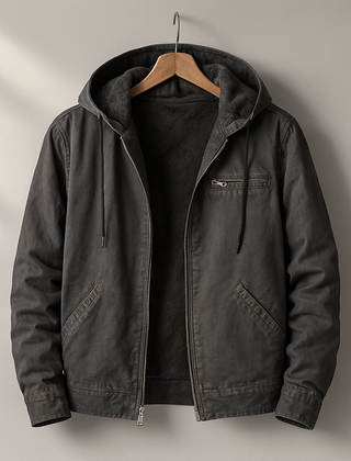 Dark grey hooded lined jacket with zip front and chest pocket with zip
