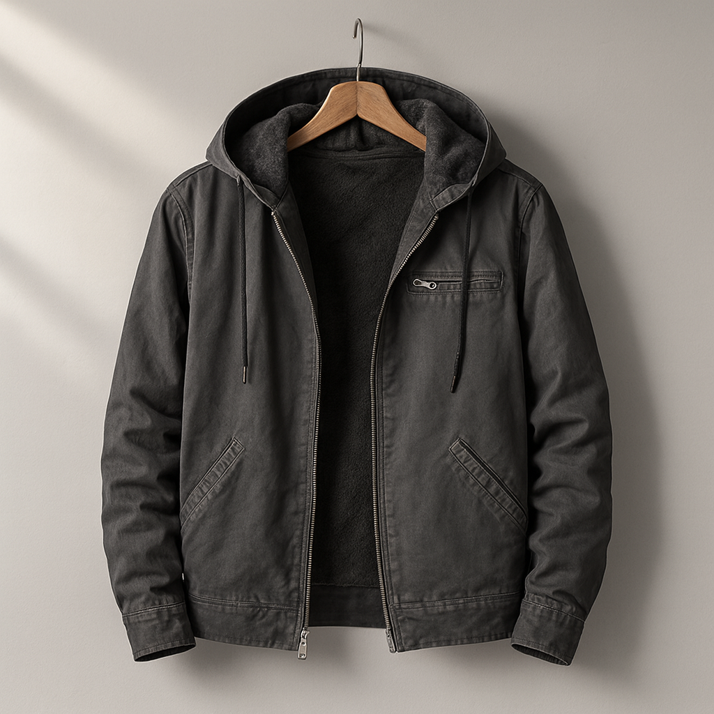 Dark grey hooded lined jacket with zip front and chest pocket with zip