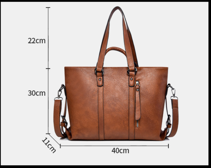 Brown large leather handbag size: 40cm W x 30cm H; base 11cm, depth 22cm