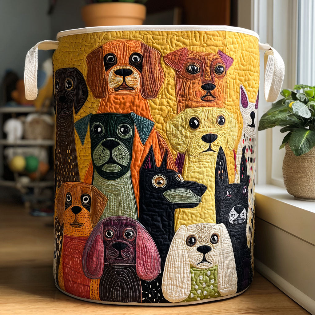 Round fabric laundry basket with colorful illustrated dog faces all over