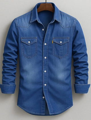 Blue denim button-up shirt with two chest flap pockets and long sleeves