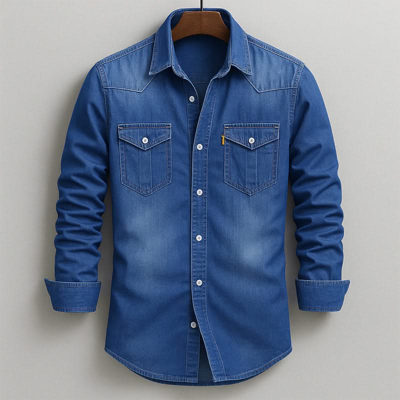 Blue denim button-up shirt with two chest flap pockets and long sleeves
