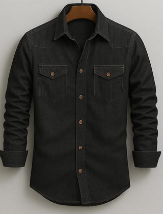 Black denim button-up shirt with chest flap pockets and long sleeves