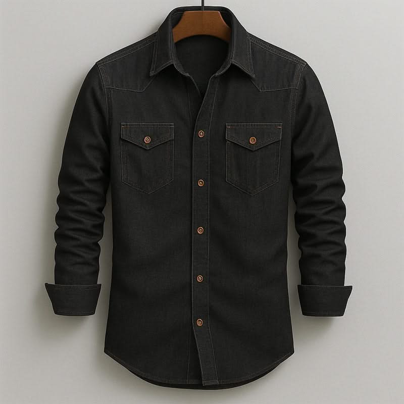 Black denim button-up shirt with chest flap pockets and long sleeves