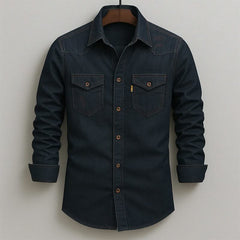 Black denim button-up shirt with two chest flap pockets and button front