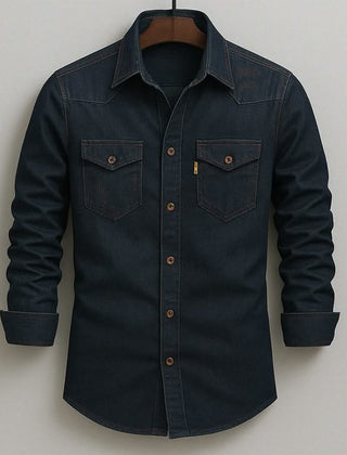Black denim button-up shirt with two chest flap pockets and button front