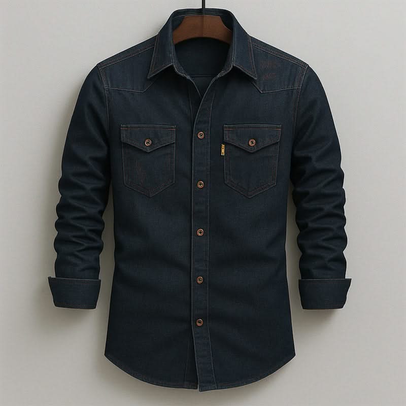 Black denim button-up shirt with two chest flap pockets and button front