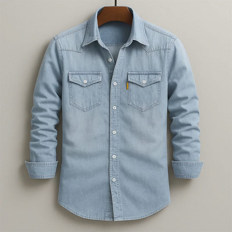 Light blue denim button-up shirt with two chest flap pockets and button front