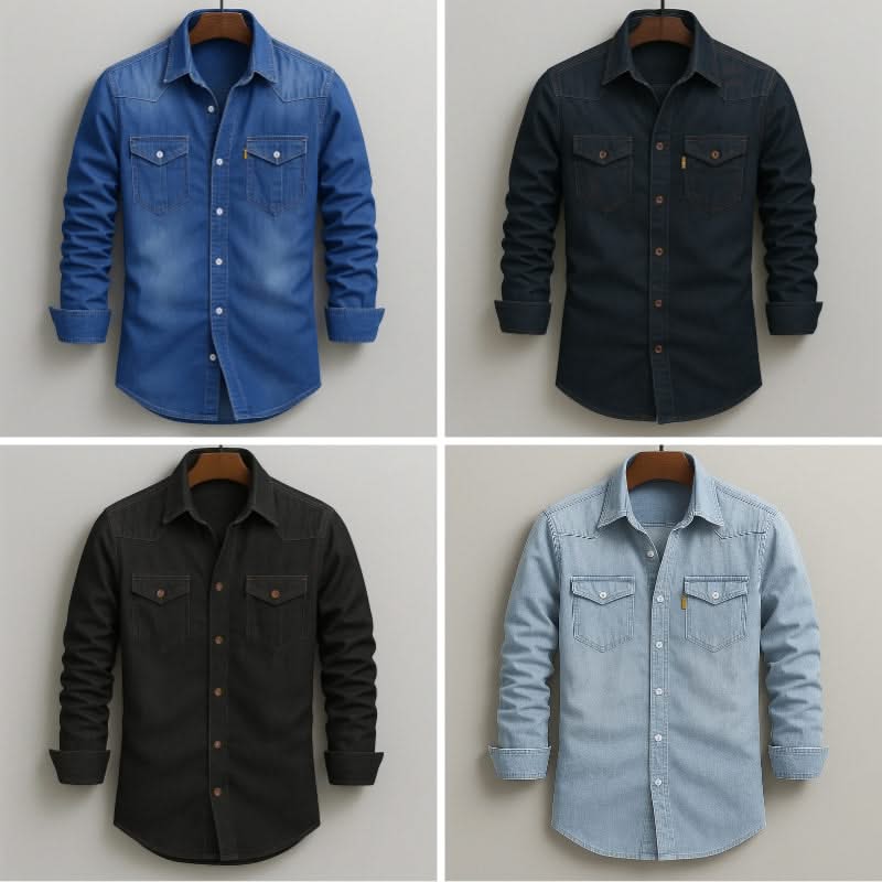 Denim button-up shirt collage: light blue, blue, dark blue, and black