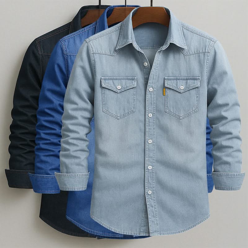 Light blue denim button-up with two chest flap pockets; dark blue shirt behind