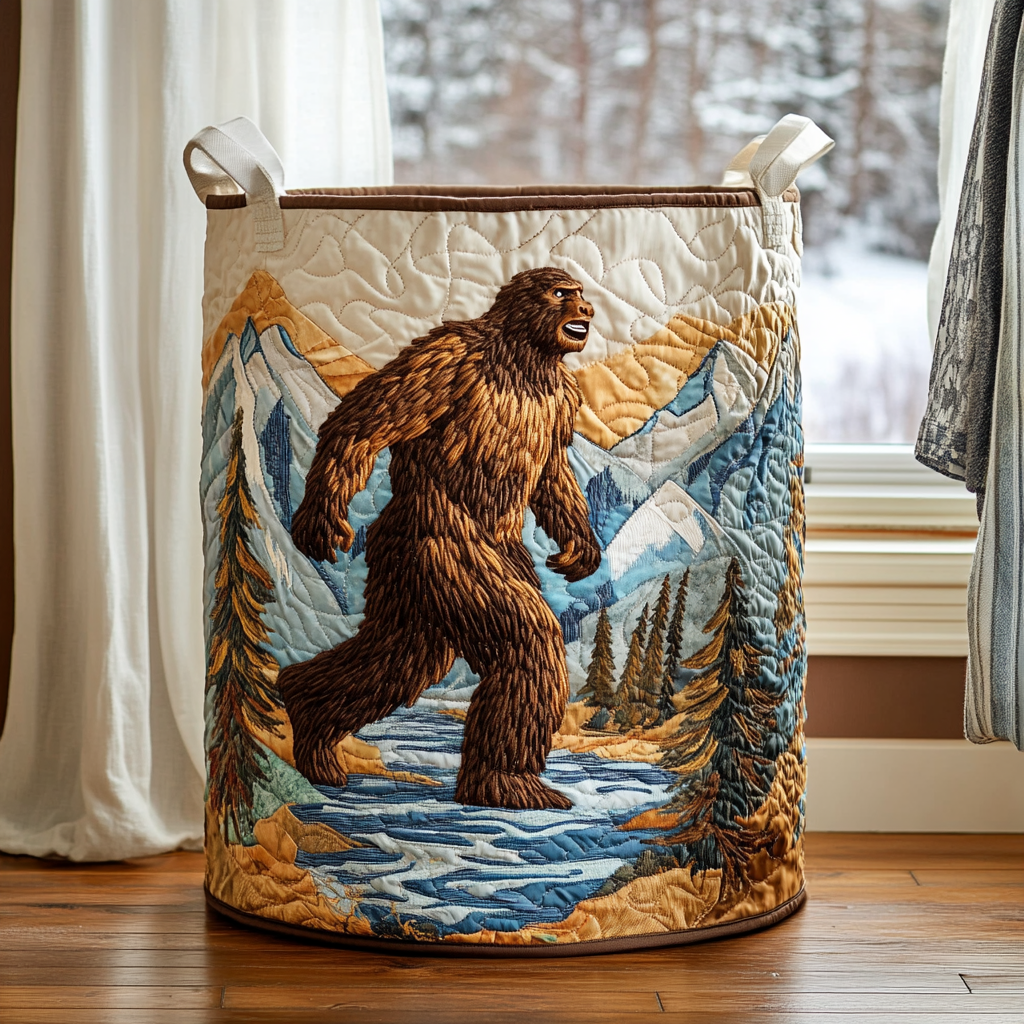 Quilted laundry basket with handles and bigfoot in snowy forest patchwork