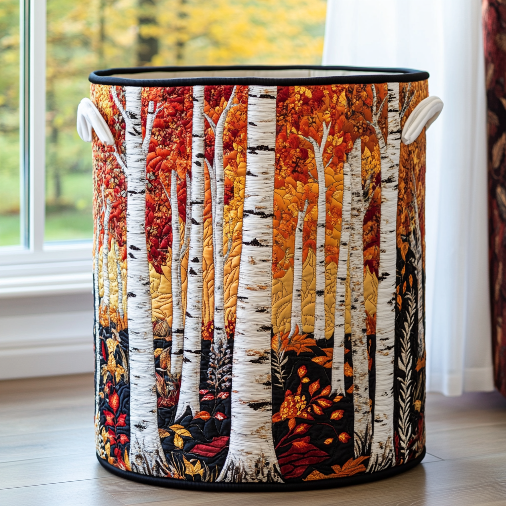 Quilted laundry basket with handles, vertical stripes, and autumn forest tree print