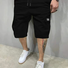 Black utility shorts with drawstring waist and side cargo pockets