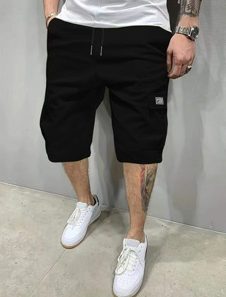 Black utility shorts with drawstring waist and side cargo pockets
