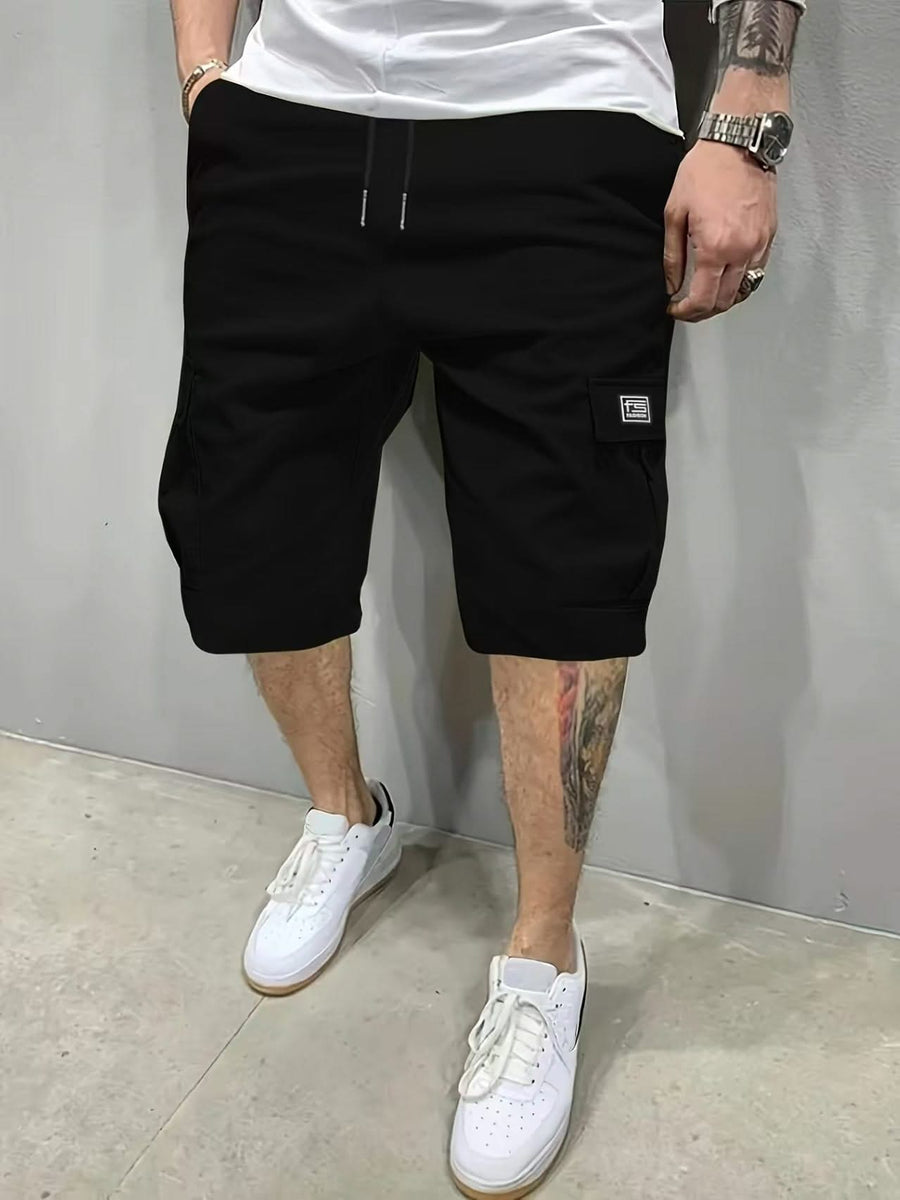 Black utility shorts with drawstring waist and side cargo pockets