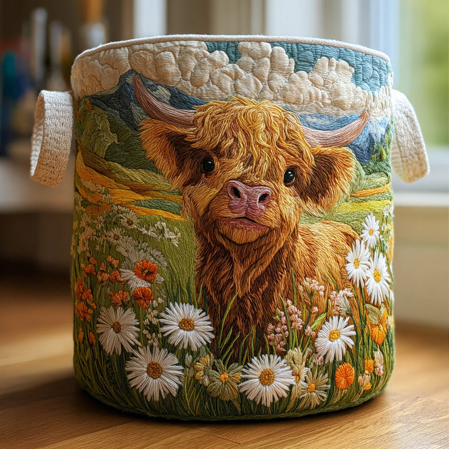 Bloom Highland fabric laundry basket with Highland cow and wildflower print