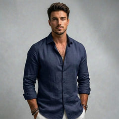 Men's long-sleeve button-up shirt, navy blue, spread collar with front buttons
