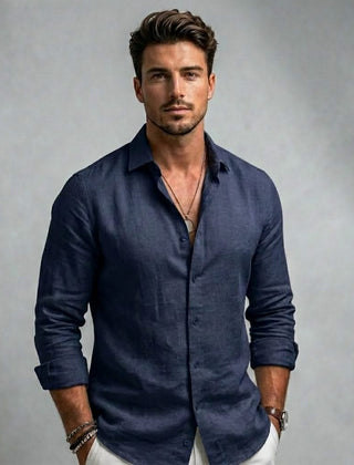 Men's long-sleeve button-up shirt, navy blue, spread collar with front buttons