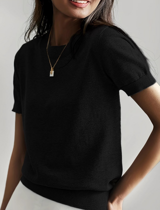 Black casual crew neck short sleeve top with ribbed hem and sleeve cuffs