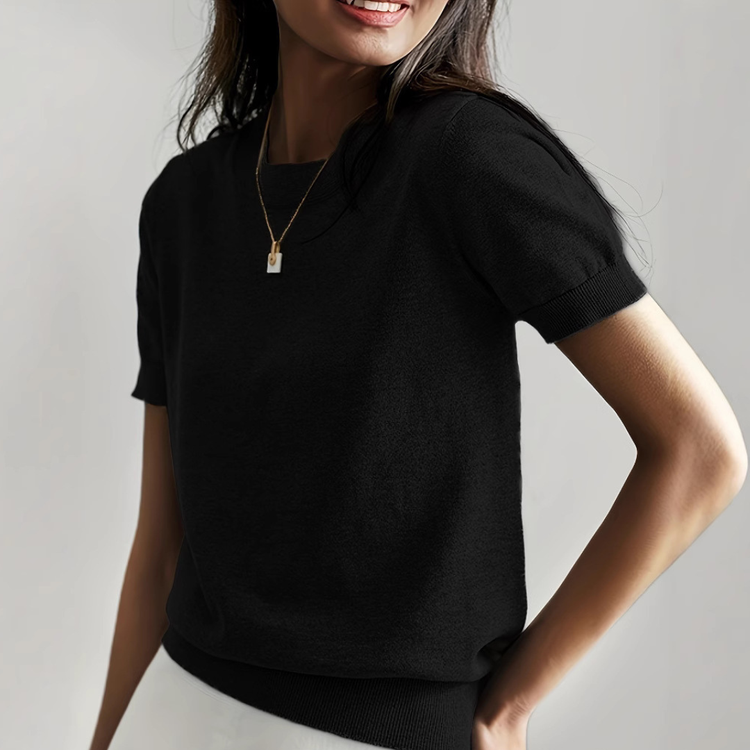 Black casual crew neck short sleeve top with ribbed hem and sleeve cuffs