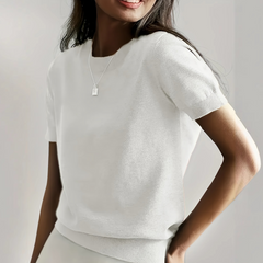 White casual crew neck short sleeve top with ribbed hem and sleeve cuffs