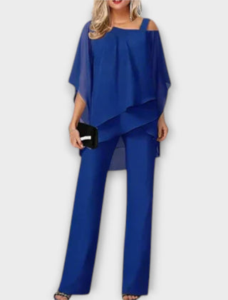 Royal blue chiffon off-shoulder cape top and wide-leg trousers evening set