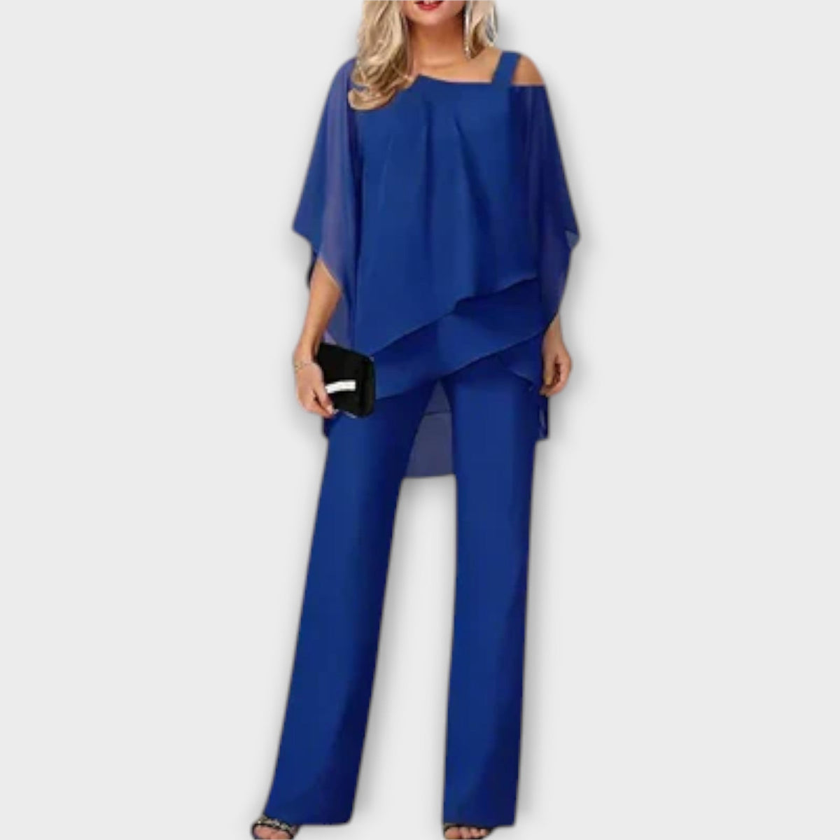 Royal blue chiffon off-shoulder cape top and wide-leg trousers evening set